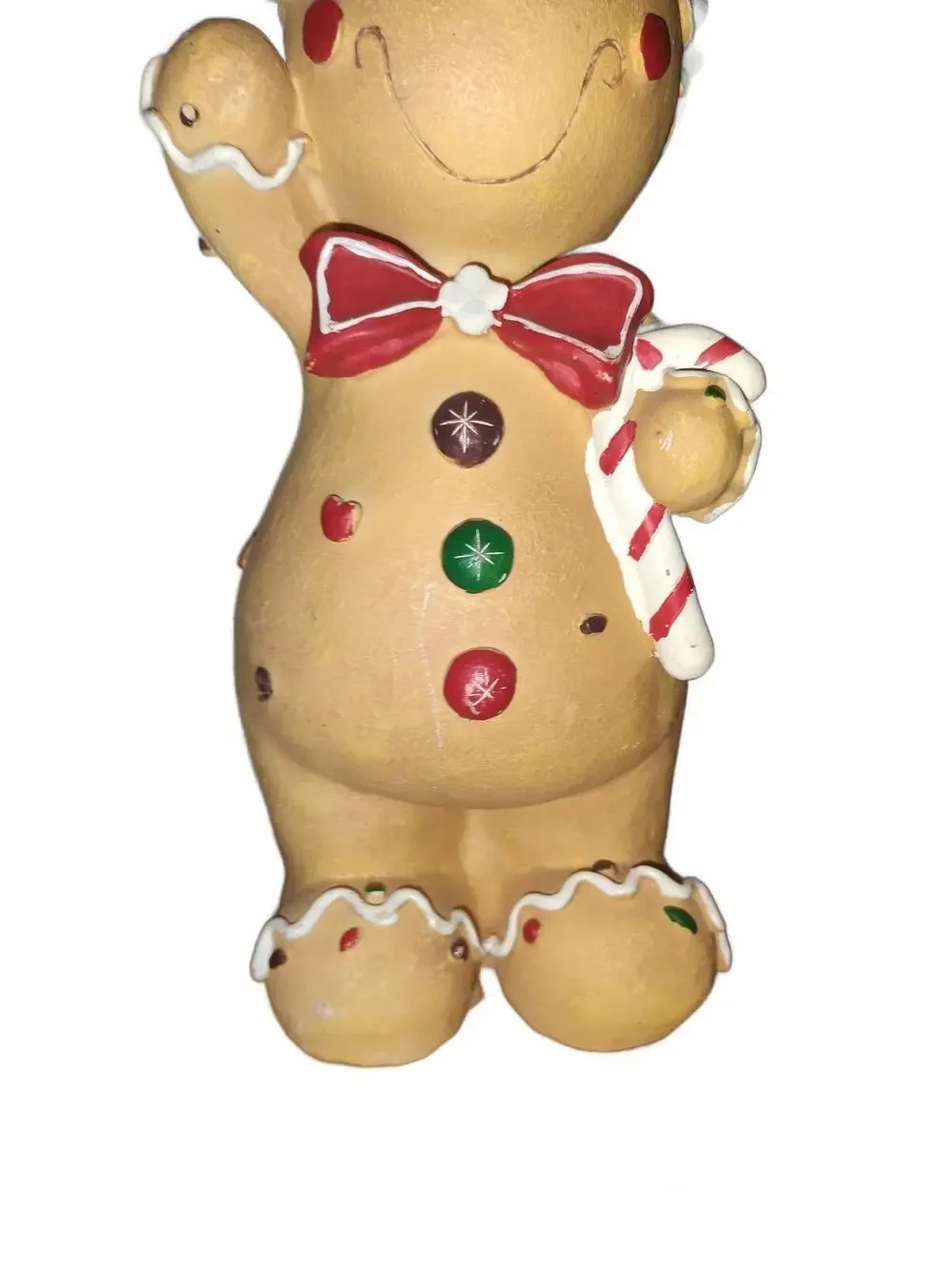 Gingerbread Man Holiday Figurine with Candy Cane and Red Bow